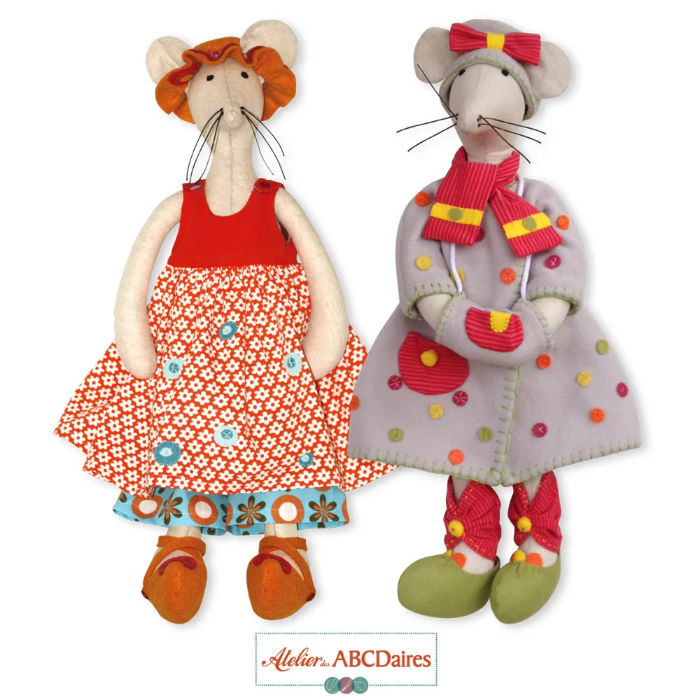 Poupées en tissu Hortense la Souris, disponible en kit complet ou patron seul, plusieurs tenues disponibles