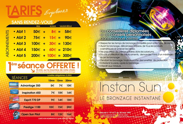 Tarifs des centres de bronzage Instan Sun Villeneuve d'Ascq, Douai, Cambrai et Valenciennes.