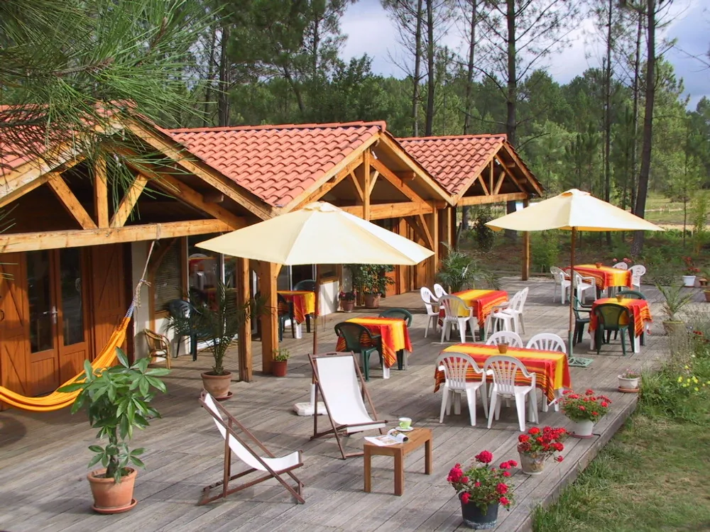 Notre Réception personnalisée avec point de Rencontre et grande terrasse ensoleillée, salle de restauration intérieure et extérieure pour mieux profiter du calme de la forêt